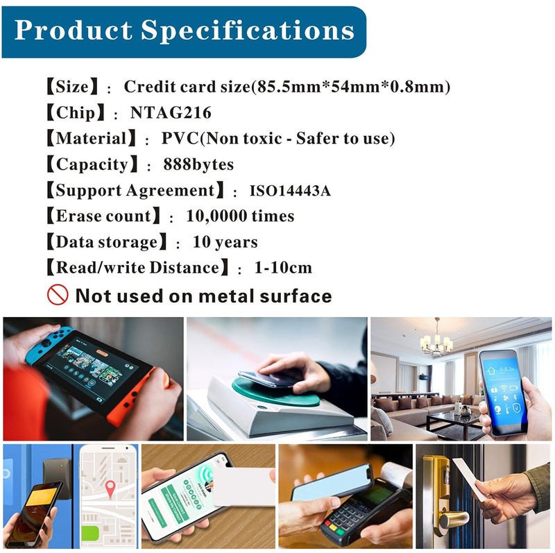 Timeskey NFC 50 Pieces TimesKey NFC Tags NTAG216 NFC Card 888 Bytes Memory NFC 216 Tags Fully Programmable, NFC Tag iPhone Compatible with All NFC Enabled Smartphones and Devices - Image 3